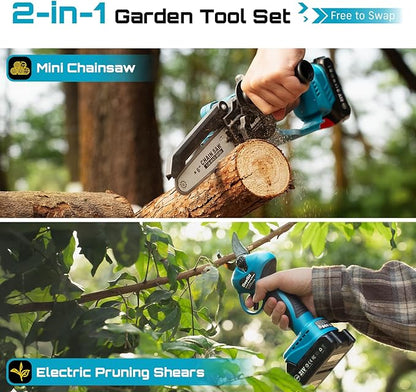 SEESII Mini Chainsaw & Pruning Shears: 6" Electric Saw Brushless & 1.3" Pruner with 2×2.0Ah Batteries, Cordless Combo for Wood Cutting/Branch Trimming, Gardening Tools for Dad Men Husband