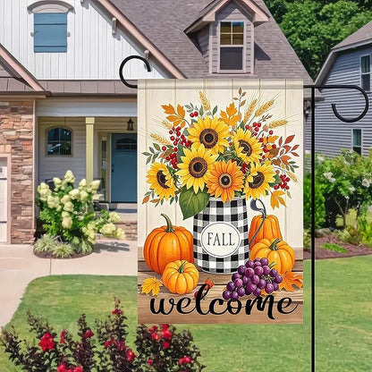 Garden Flags 12x18 Inch Fall Welcome Flag Double Sided Sunflower Pumpkin Grape Floral Outdoor Yard Banner for Porch Lawn Patio Autumn Harvest Decor Seasonal Thanksgiving Decoration
