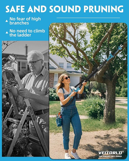 VEITORLD 2-IN-1 Cordless Electric Pole Pruning Shears, 15ft Reach, 1.2" Cutting Diameter, Battery Powered with 2 * 2.0Ah, Brushless Motor for Garden Tree Trimming, Gifts for Men Dad Him Christmas
