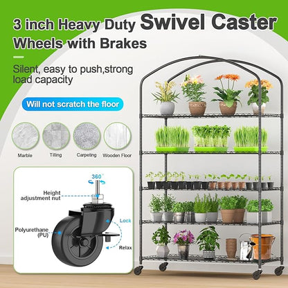 Abimars 5-Tier Greenhouse with Caster Wheel, Each Shelf Height Adjustable Metal Plant Shelf with PVC Cover for Seed Starting Trays, Seedling Pots, Plant Pots, 21x49x80inch