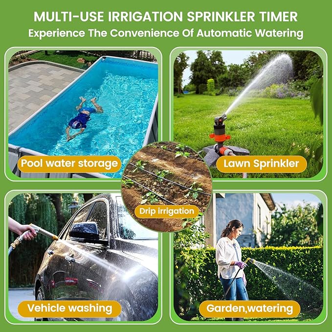 Programmable 2-Zone Smart Sprinkler Timer - Outdoor Automatic Irrigation Water Timer with Rain Delay & Waterproof Brass Swivel for Lawn, Garden, Pool (Yellow)