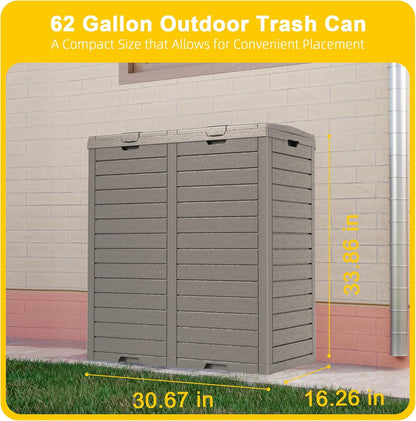 Outdoor Trash Can with lid, Waterproof, UV-Resistant Resin Garbage Can, Lockable Lid and Drip Tray, Animal-Proof, for Patio, Kitchen, Backyard and Deck (Grey, 62 Gallon)