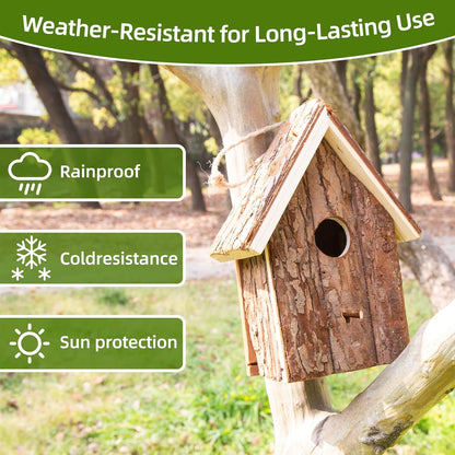 Natural Wooden Bird House for Outdoors – Handcrafted Bark Design, Weatherproof Roof, Perfect for Small Birds, Finch, Bluebird, Wrens & Chickadees, Ideal for Gardens, Patios, and Backyards