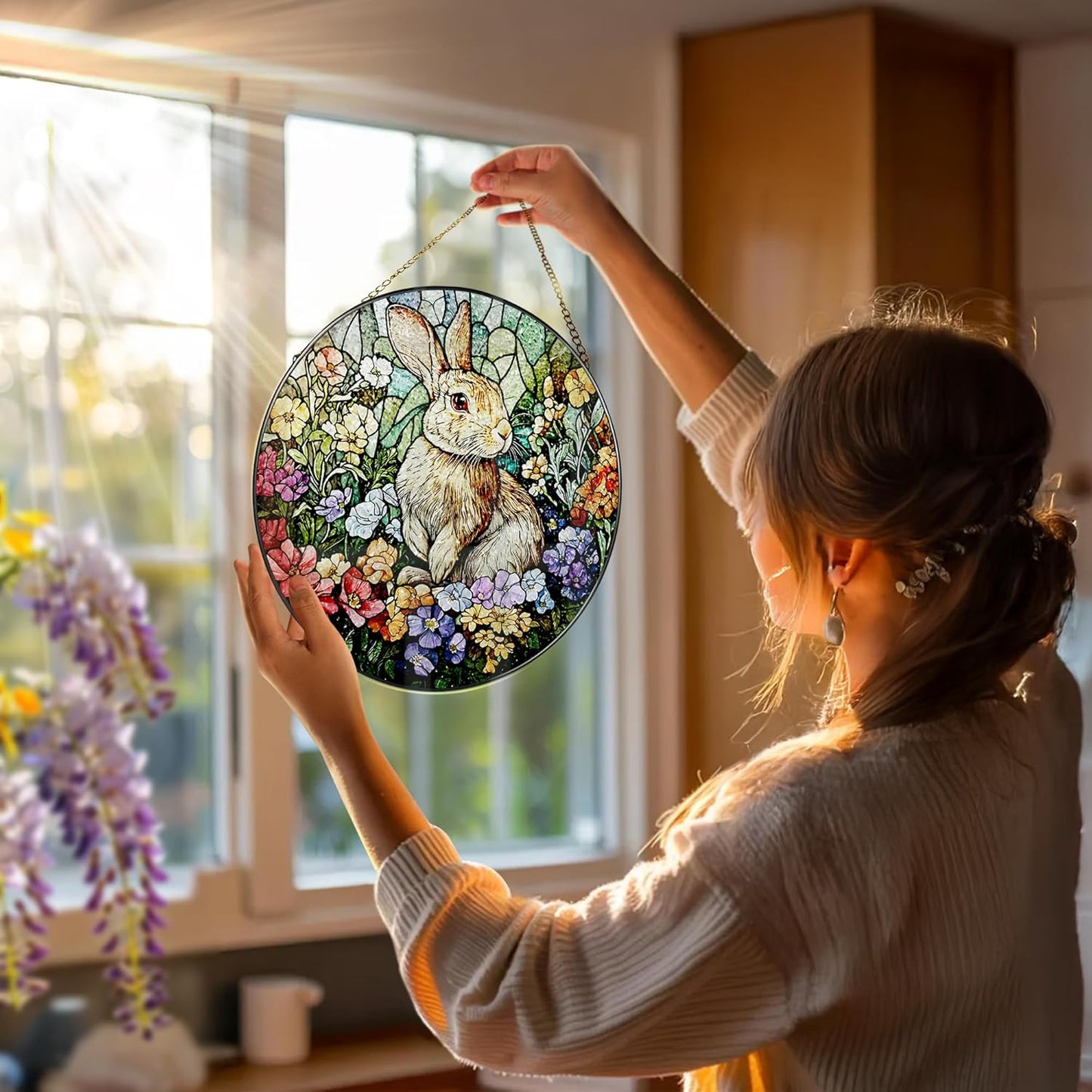 Stained Glass Window Hanging, 8 Inch Rabbit Sun Catcher, Bunny Stained Glass Suncatcher, Window Decor, Gifts for Mothers Day, Birthday, Christmas, Rabbit Lovers Gifts, Gift for Women Mom and Friend