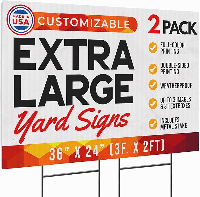 36"x24" Custom Yard Signs with Stakes Personalized Yard Signs with Full Color Print and Text Large Custom Outdoor Signs, for Business (2)