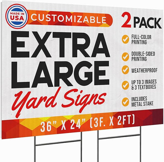 36"x24" Custom Yard Signs with Stakes Personalized Yard Signs with Full Color Print and Text Large Custom Outdoor Signs, for Business (2)
