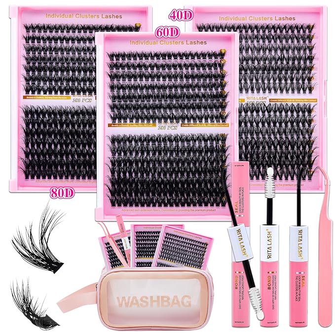 Lash Extension Kit DIY Lash Clusters 3 Boxes Cluster Lashes Soft Eyelash Extensions Wispy Individual Lashes with Lash Bond and Seal,Lash Tweezers,Washbag 6 Counts(40D 60D 80D, 3 Boxes Kit)