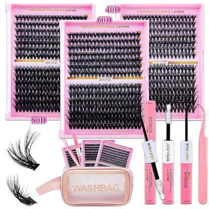 Lash Extension Kit DIY Lash Clusters 3 Boxes Cluster Lashes Soft Eyelash Extensions Wispy Individual Lashes with Lash Bond and Seal,Lash Tweezers,Washbag 6 Counts(40D 60D 80D, 3 Boxes Kit)