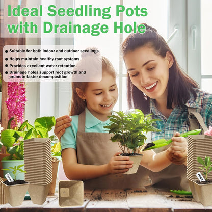 70-Pack 3.15 inch Square Peat Pots for Seedlings with Drainage Holes, Biodegradable Nursery Pots with 100 Labels for Plants