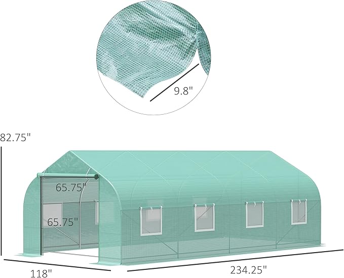 Outsunny 20' x 10' x 7' Outdoor Walk-in Greenhouse, Tunnel Green House with Roll-up Windows, Zippered Door, PE Cover, Heavy Duty Steel Frame, Green