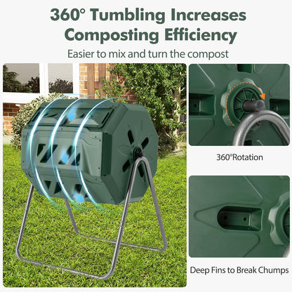 S AFSTAR Composter Tumbler Outdoor, 42-Gal Dual Chamber Tumbling Composter with 2 Sliding Doors, Metal Frame, BPA-Free Large Rotating Compost Bin Tumbler for Garden Yard Waste (Green)