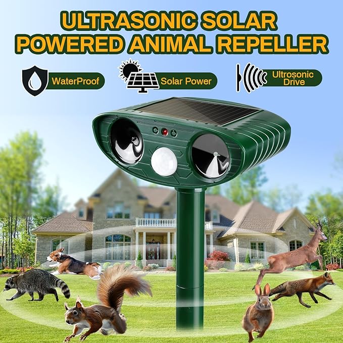 4 Pack Ultrasonic Animal Repellent Outdoor Deer Repellent Devices Ainimal Deer Cat Deterrent with Motion Sensor to Repel Squirrel Dog Rabbit Raccoon Repellent for Yard Garden