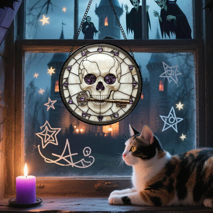 Stained Glass Window Hanging - Halloween Scary Skull Suncatcher for Doors Garden Home Spooky Purple Skeleton Key Sun Catchers Gothic Decor Horror Gifts for Women Men Friend Boy Girl 11.8 in