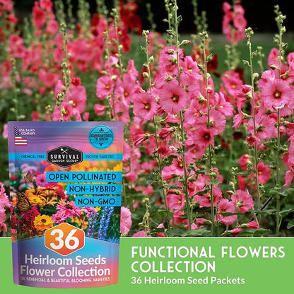 36 Variety Flower & Wildflower Seeds Garden Kit | Annual & Perennial Pollinator Mix with Cut Flowers for Bees, Butterflies & Bouquets | Non-GMO Heirloom Starter Pack – Survival Garden Seeds