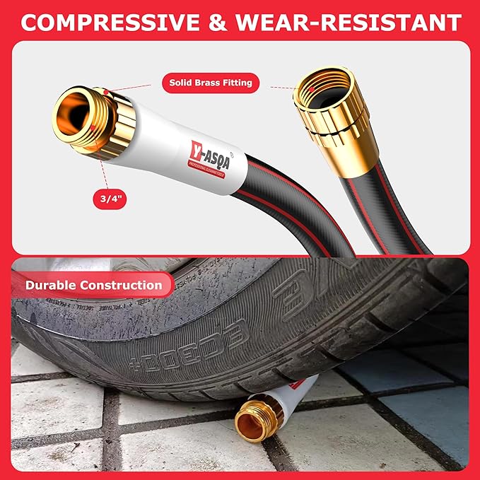 YASQA 50 ft Garden Hose with Nozzle,Lightweight 5/8in Water Hose with 10 Functions Spray Nozzle,3/4'' Heavy Duty Brass Fittings,Durable Kink Free Rubber Pipe for Yard, Car, Pets,Outdoor