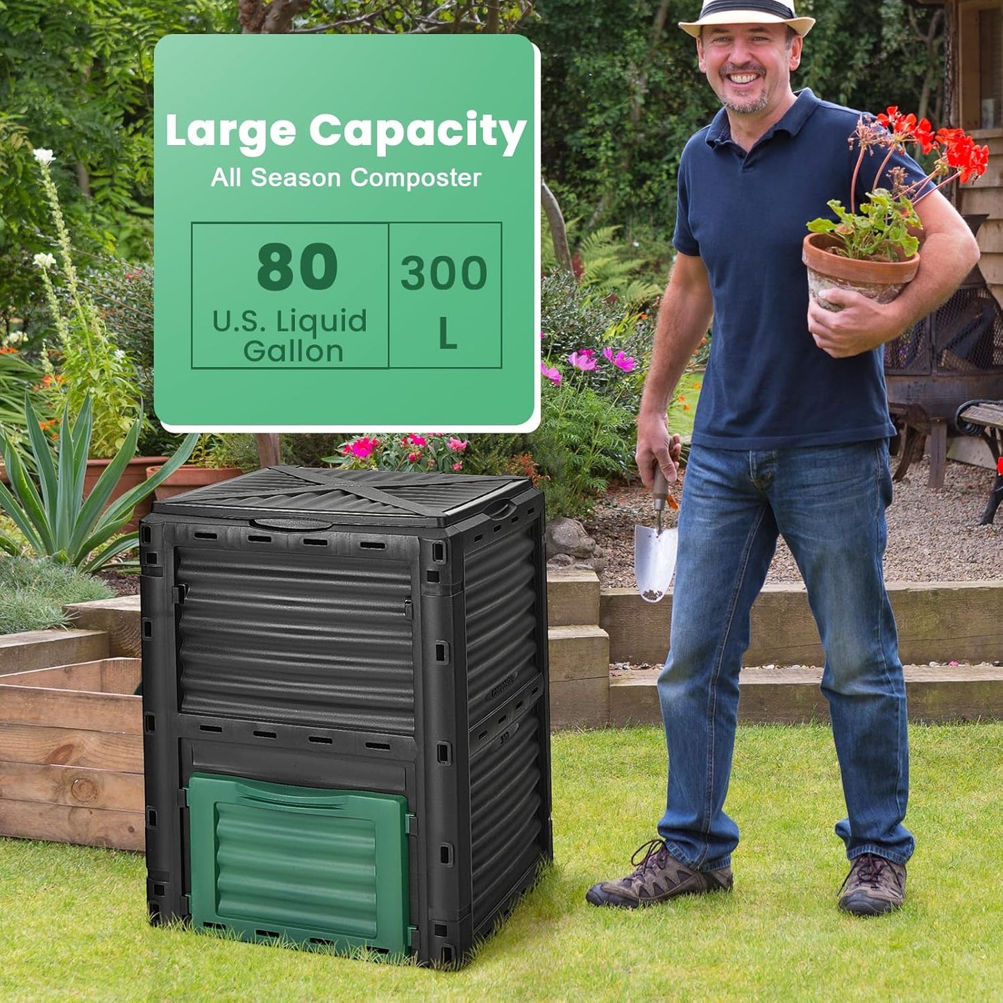 Compost Bin Outdoor, 80 Gallon Garden Compost Bin with Top Lid & Bottom Door, Aerating Outdoor Compost Box Waste Container Barrel Fertilizer for Garden & Yard (Black & Green)