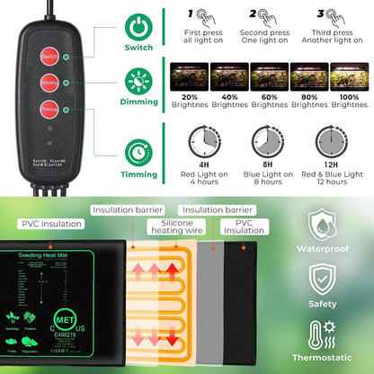 Seed Starter Tray, Seed Starter Kit with Grow Lights and Heat Mat, 96-Cell Seed Growing Tray, Seed Starting Trays Plant Starter Kit and Base, Indoor Gardening Plant Germination Trays (2)
