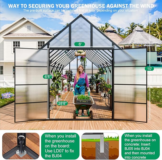 CDCASA 28x10x10 FT Greenhouse for Outdoors, Easy Assembly Large Thicker Aluminum Heavy Duty Polycarbonate Greenhouses Kit w/6 Windows, Outside Sunroom Walk-in Green House for Patio,Backyard
