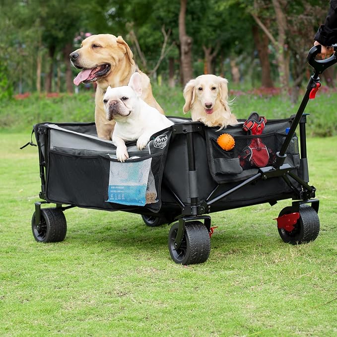 TIMBER RIDGE 600L Beast Wagon 26" W Extra Wide All Terrain Folding w/Big Wheels, Cargo Net & Tailgate, 26" W and 55.25" L, Capacity and 400lbs Heavy Duty Collapsible Portable Cart, Grey