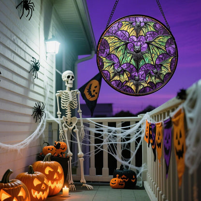 Stained Glass Window Hanging - Halloween Decorations Bats Suncatcher for Doors Garden Indoor Spooky Funny Purple Sun Catchers Gothic Decor Horror Gifts for Women Men Friend 9.8 in