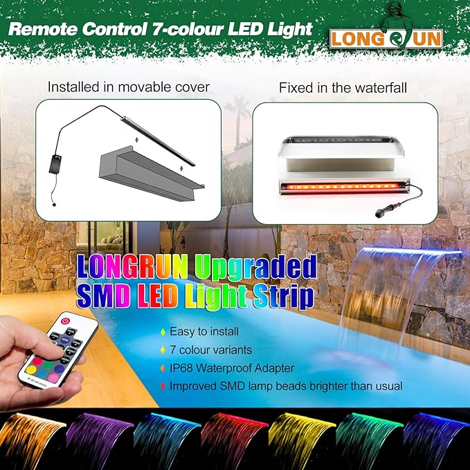 LONGRUN Pool Fountain Stainless Steel Outdoor Pond Spillway Waterfall with Wider Water Flow Platform Multi-Color LED Light Spray Indoor Waterfall Fountains for Garden-23.6" x 8" x 3.94"(W x D x H)