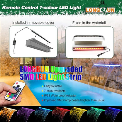 LONGRUN Pool Fountain Stainless Steel Outdoor Pond Spillway Waterfall with Wider Water Flow Platform Multi-Color LED Light Spray Indoor Waterfall Fountains for Garden-35.4" x 8" x 3.94"(W x D x H)