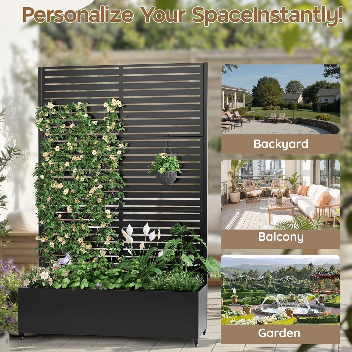 Metal Raised Garden Bed with Trellis & Wheels,72" x 47"x 15.7" Planter Box with Trellis,Privacy Planters for Patio,Garden Bed for Climbing Plants,Suitable for Climbing Plants and Vegetables,Black