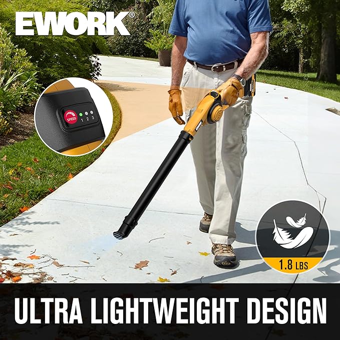 EWORK Small Leaf Blower Cordless 21V Mini Leaf Blower 200MPH with Battery and Fast Charger, Lightweight Electric Leaf Blowers, Compact Blower for Lawn Care, Jobsite, Patio Cleaning, Blowing Leaves