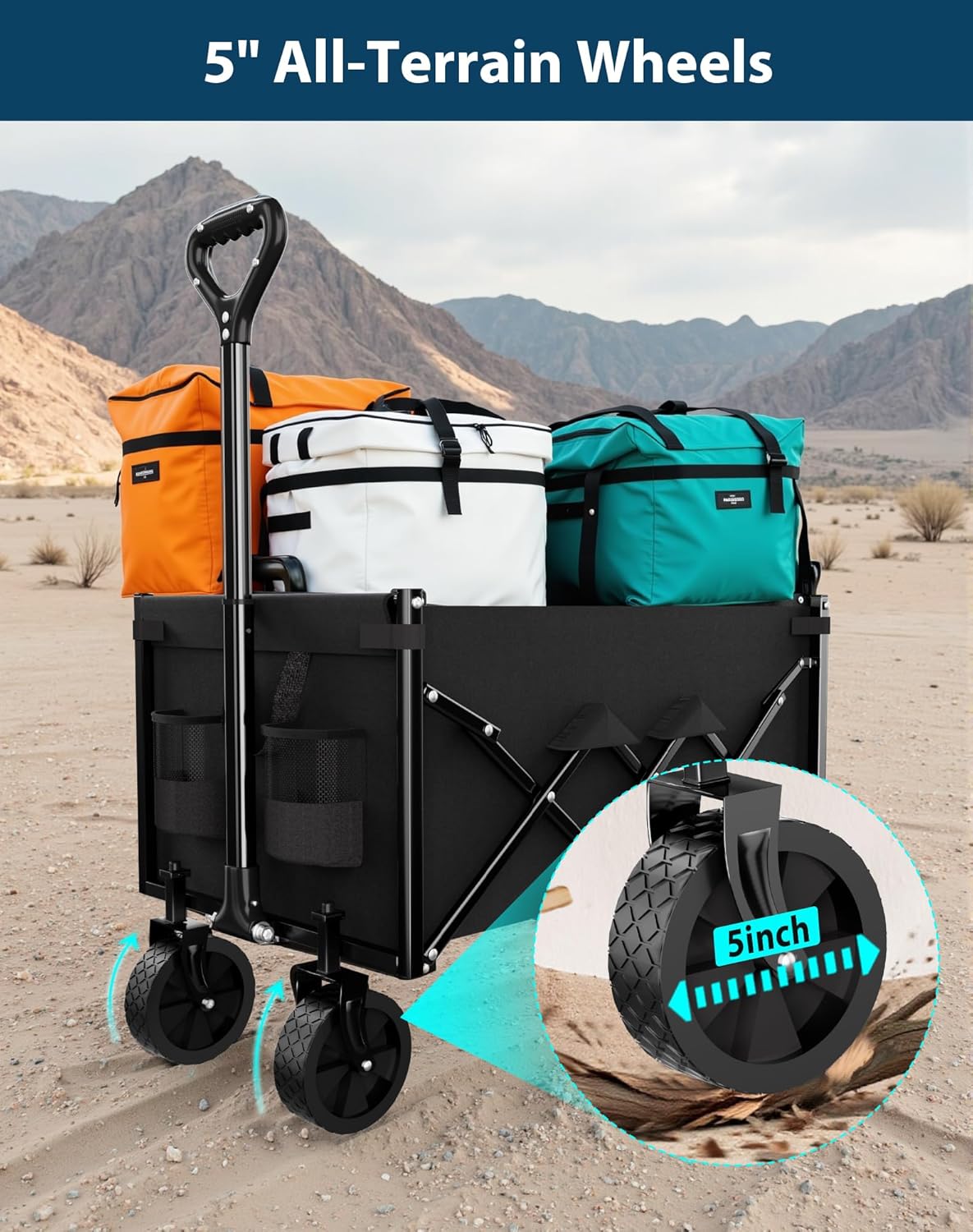 Lightweight Folding Wagon with Extended Tailgate, Large Capacity Collapsible Grocery Cart, Heavy Duty Foldable Shopping Carts, All-Terrain Outdoor Utility Carts for Camping, Sports, Garden, 4.5 Cu Ft