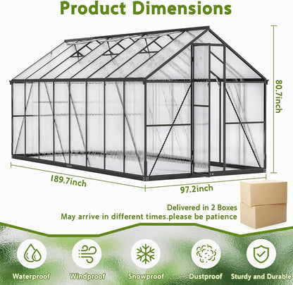 Wanan 16x8FT Greenhouses for Outdoors, Quick Assembly Polycarbonate Green House with UV Protection, Heavy Duty Windproof Aluminum Frame, Adjustable Roof Vent for Backyard or Outdoor Garden Use