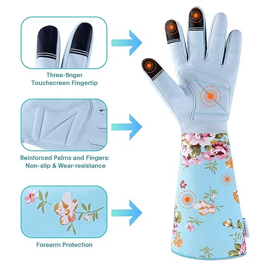 Extended Sleeve Garden Gloves for Women, Soft Grip Gardening Gloves, Lightweight Comfort Wear for Planting, Landscaping & Outdoor Tasks, Blue Small