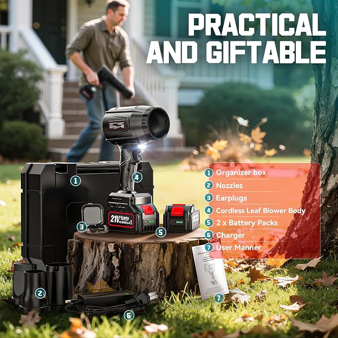 Leaf Blower Cordless Ecarke Portable Dust Cleaner, 800000RPM Handheld Brushless Turbo Jet Blower for Lawn Care, Patio Cleaning, Leaves with 2X 4.0Ah Battery, Charger, Storage Case Included