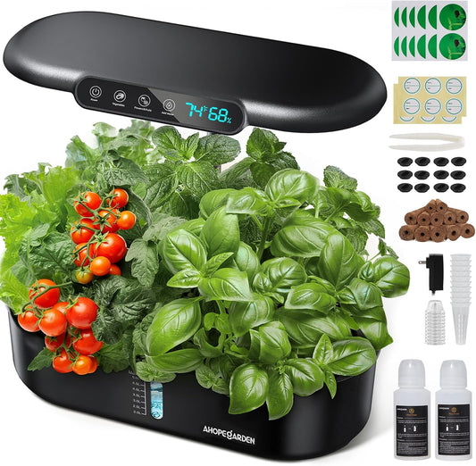Ahopegarden Hydroponics Growing System kit: 12 Pod Indoor Herb Garden with Smart Environmental Detection，LED Grow Light，LCD Display，Hydroponic Planter for Vegetables，Herb，Lettuce，Home Gardening
