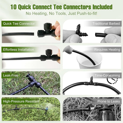100FT 1/4 Inch Drip Irrigation Tubing with 10 Pack Push-to-Connect 1/4" Tee Connectors, Distribution Drip Line Hose & Universal Tee Fitting, for Drip Irrigation Parts or Drip System and Misting System