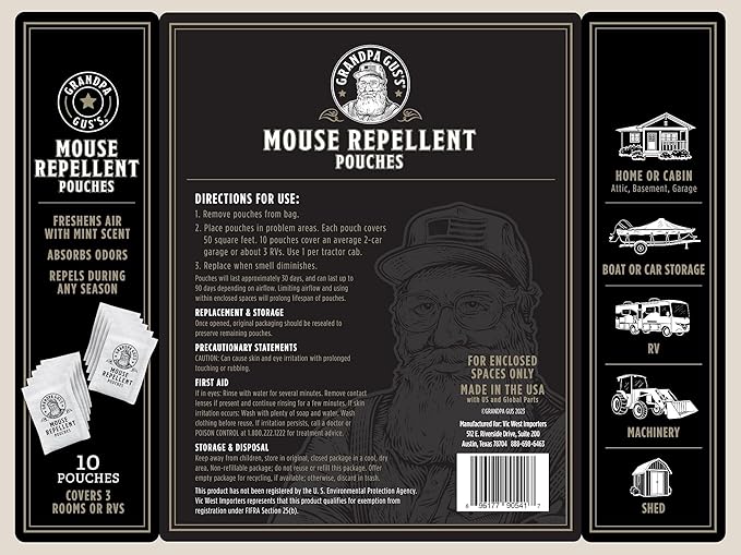 Grandpa Gus’s Extra-Strength Mouse Repellent Pouches, Peppermint & Cinnamon Oil, Natural Rodent Deterrent Control for Garage, RV, Car, Basement, Attic, Storage, 1.75 Oz (Pack of 10)