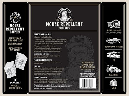 Grandpa Gus’s Extra-Strength Mouse Repellent Pouches, Peppermint & Cinnamon Oil, Natural Rodent Deterrent Control for Garage, RV, Car, Basement, Attic, Storage, 1.75 Oz (Pack of 10)