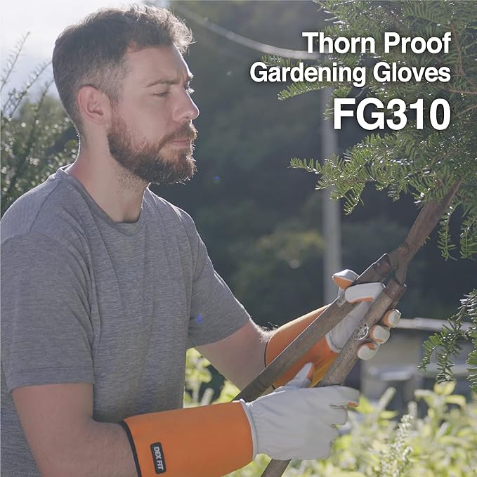 DEX FIT FG310 Gardening Gloves for Women & Men, Long Thorn Proof Leather Sleeves Protection, Comfortable, Durable for Cactus, Rose Bush Pruning and Garden and Yard Work; Orange S (7) 1 Pair