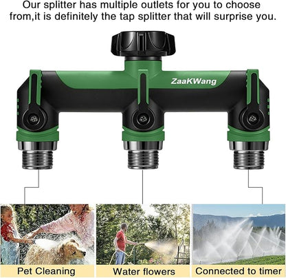Full Flow Heavy Duty 3 Way Hose Splitter, Rugged Garden Faucet Adapter, Spout Diverter T - Way Adapter with Extended Handle, 3/4” GHT Thread, Green