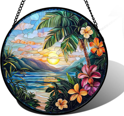 Stained Glass Window Hanging, Colorful Landscape Suncatcher for Doors Home Sun Catchers Decoration and Christmas, Mother's Day Birthday Gifts for Women, Men, and Mom 11.8x11.8 in