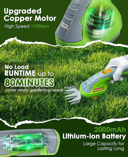 Cordless Grass Shear & Hedge Trimmer - 2 in 1 Handheld 7.2V Small Electric Bush Trimmer, 2.0Ah Rechargeable Battery Powered Shrub Trimmers Grass Cutter for Garden, Yard, Lawn Care - Grey/Green