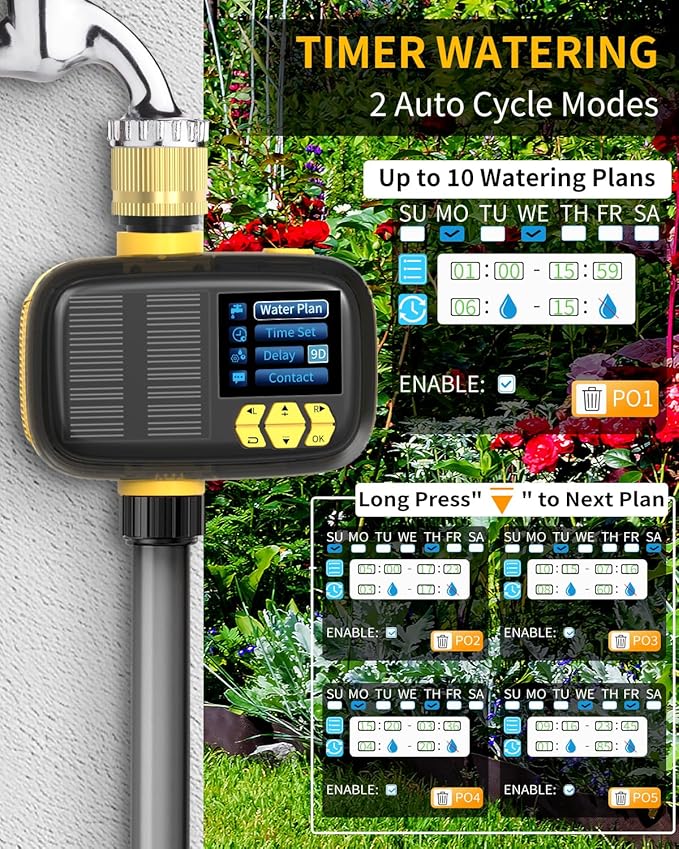 Solar Sprinkler Timer, Hose Timers for Watering - Programmable Water Timer for Garden/Yard, Brass Connector, Manual/Rain Delay Modes Outdoor Irrigation