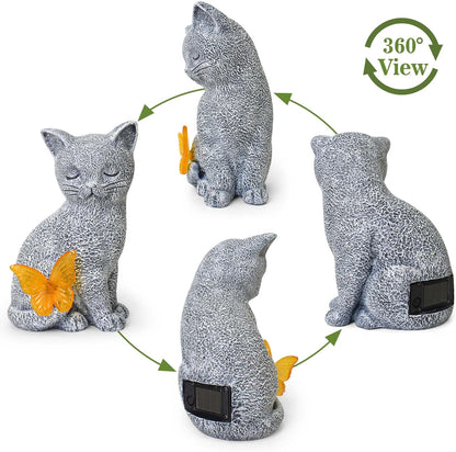 Solar Cat Garden Statue with Butterfly Light, Outdoor Garden Decor Cat Figurines Ornaments for Home Patio Yard Balcony Lawn, Cats Lover Gifts for Women, Mom, Grandma