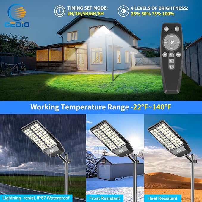 CEDIO Outdoor Solar Street Lights, Solar Lights IP66 Waterproof LED Street Light Dusk to Dawn, Flood Light with Motion Sensor for Yard (9800W-1PACK)