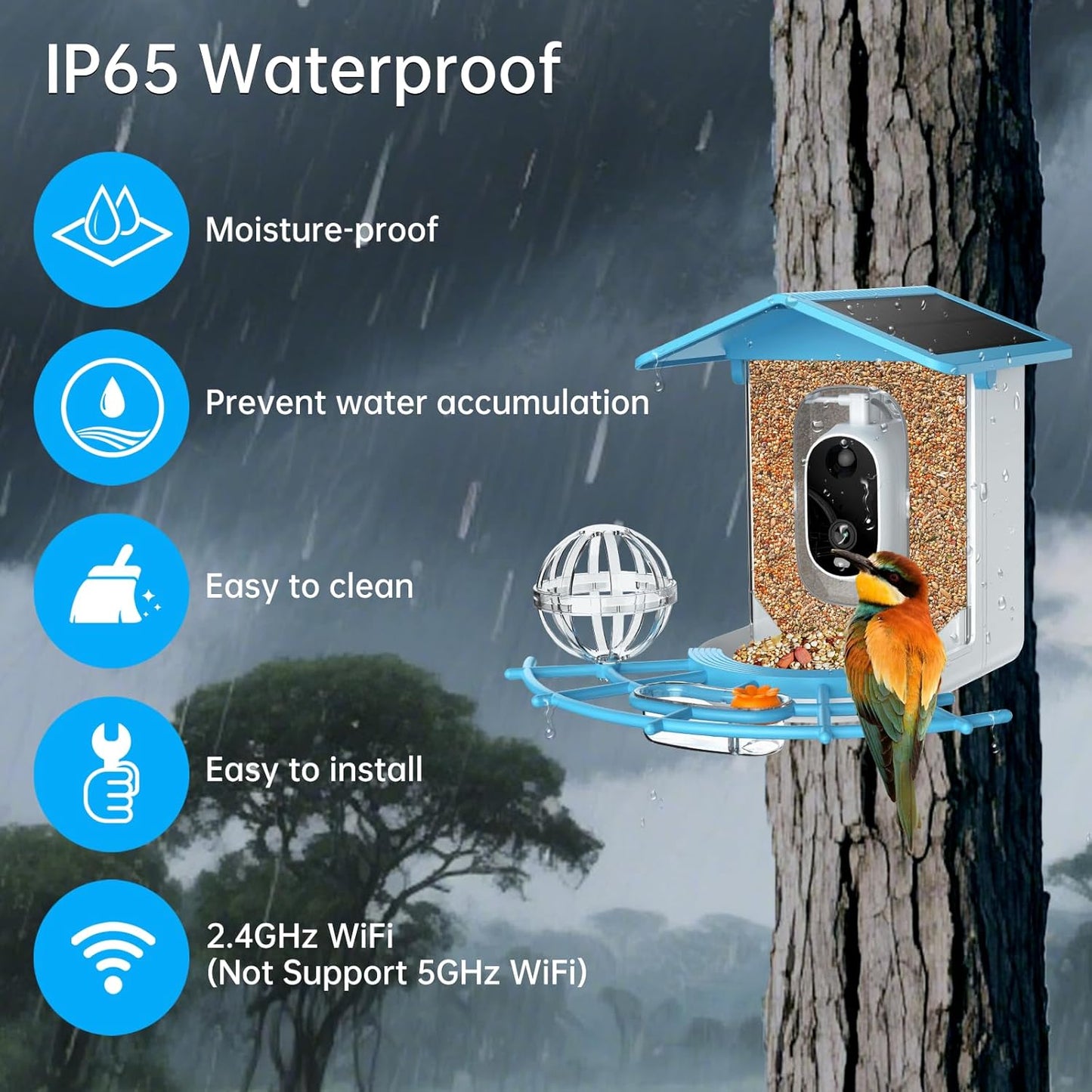 Smart Bird Feeder with Camera Solar Panel, Battery Powered 3MP HD Video Monitoring AI Recognition of 10,000+ Species Color Night Vision,Outdoor Waterproof,for Bird Watching
