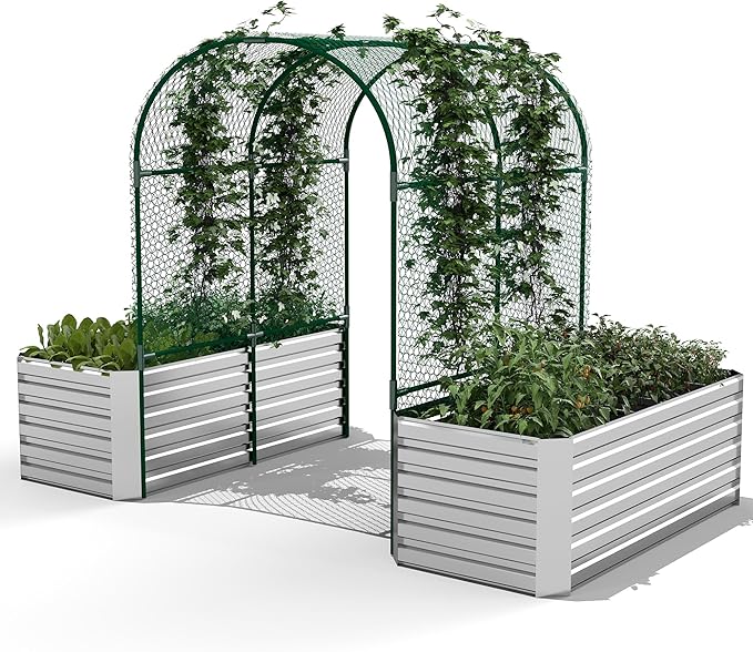 Raised Garden Bed with Arch Trellis for Climbing Plants,Galvanized Raised Garden Bed, Planter Boxes Outdoor for Vegetables Flowers Herb,269 Gallon Capacity Silver