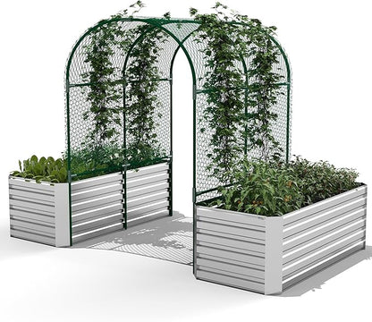 Raised Garden Bed with Arch Trellis for Climbing Plants,Galvanized Raised Garden Bed, Planter Boxes Outdoor for Vegetables Flowers Herb,269 Gallon Capacity Silver