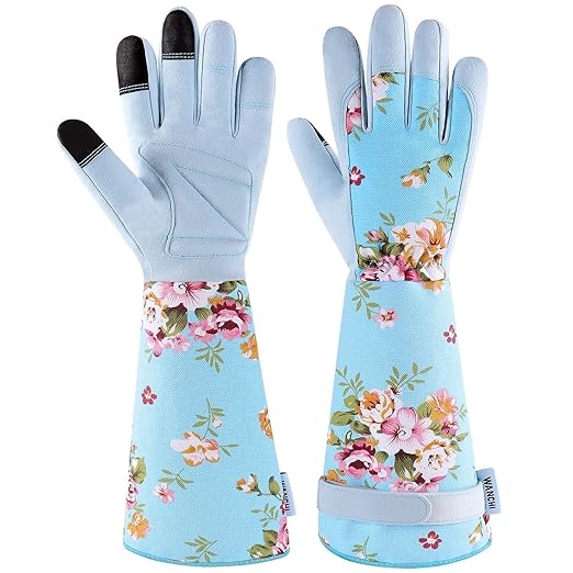 Women's Long Arm Gardening Gloves, Flexible Hand Protection, Ergonomic Design for Digging, Trimming & Garden Maintenance, Blue Large