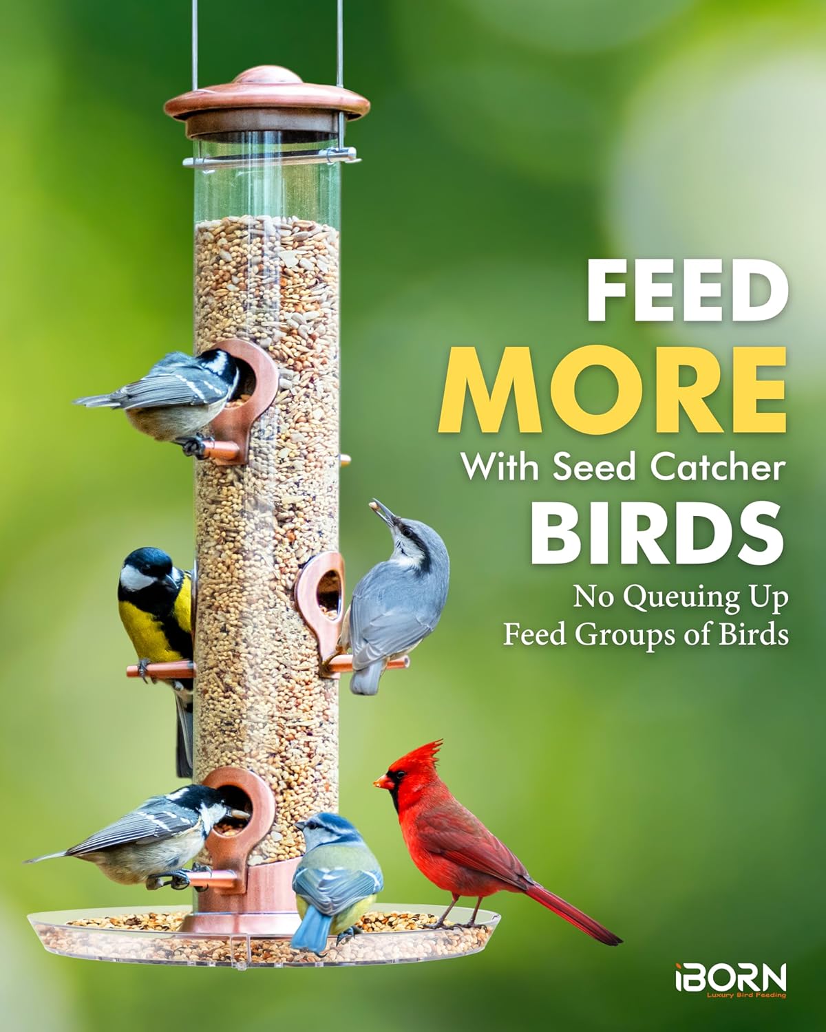 iBorn Bird Feeders Seed Catcher for Outside Hanging 6 Port Bird Feeder for Cardinal Birds Aluminium Metal,Brushed Copper Finishing 14 Inch 6 Port (Seed is not Included)
