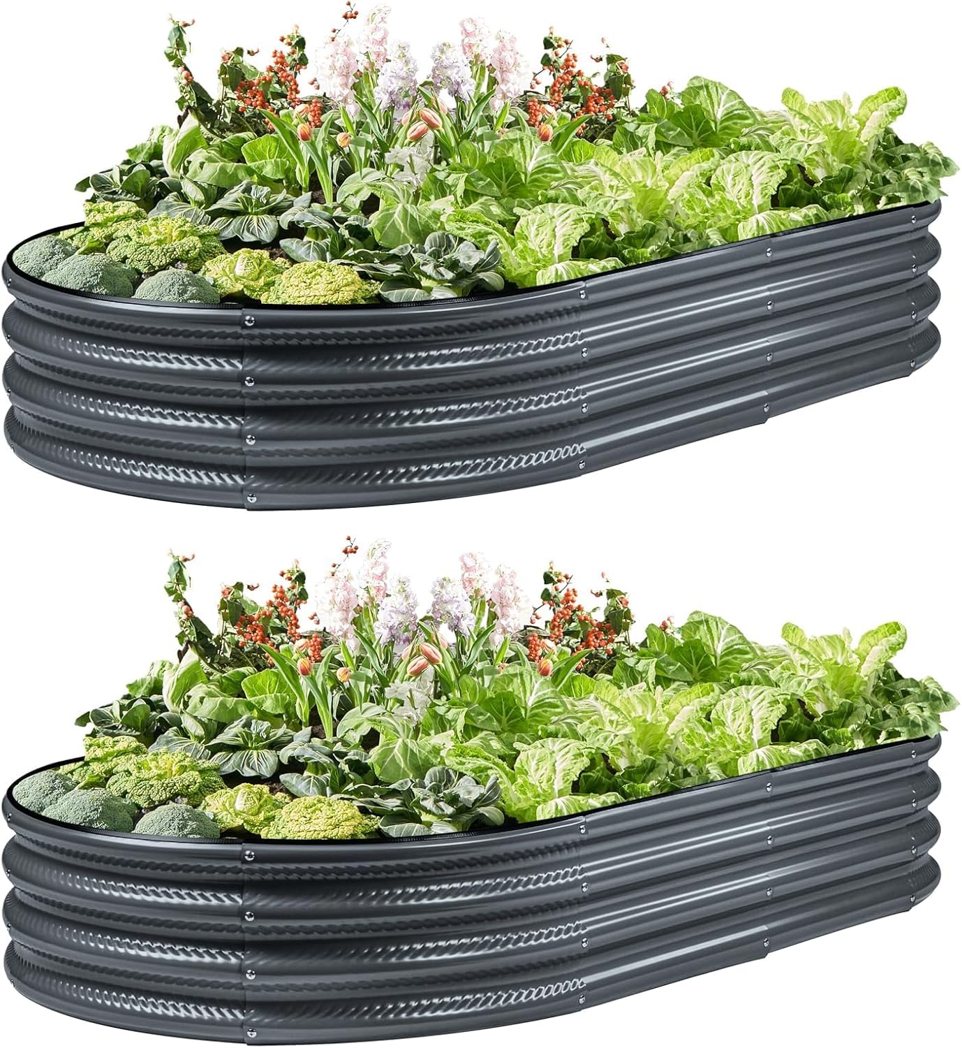 2 Pack Raised Garden Bed Kits, 4x2x1FT Gray Oval Galvanized Outdoor Planter Beds, Easy Assembly Metal Raised Bed for Vegetables, Flowers & Herbs