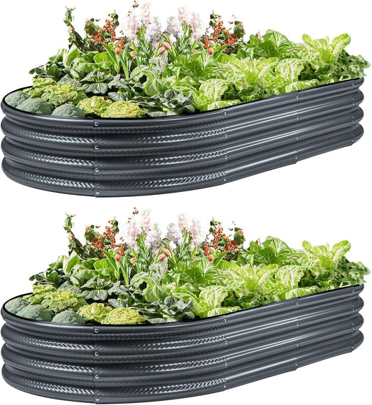 2 Pack Raised Garden Bed Kits, 4x2x1FT Gray Oval Galvanized Outdoor Planter Beds, Easy Assembly Metal Raised Bed for Vegetables, Flowers & Herbs